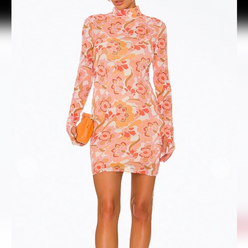 *AFRM Mari Floral Power Mesh Turtleneck Mini Dress Pink Orange Stretch Mesh - M